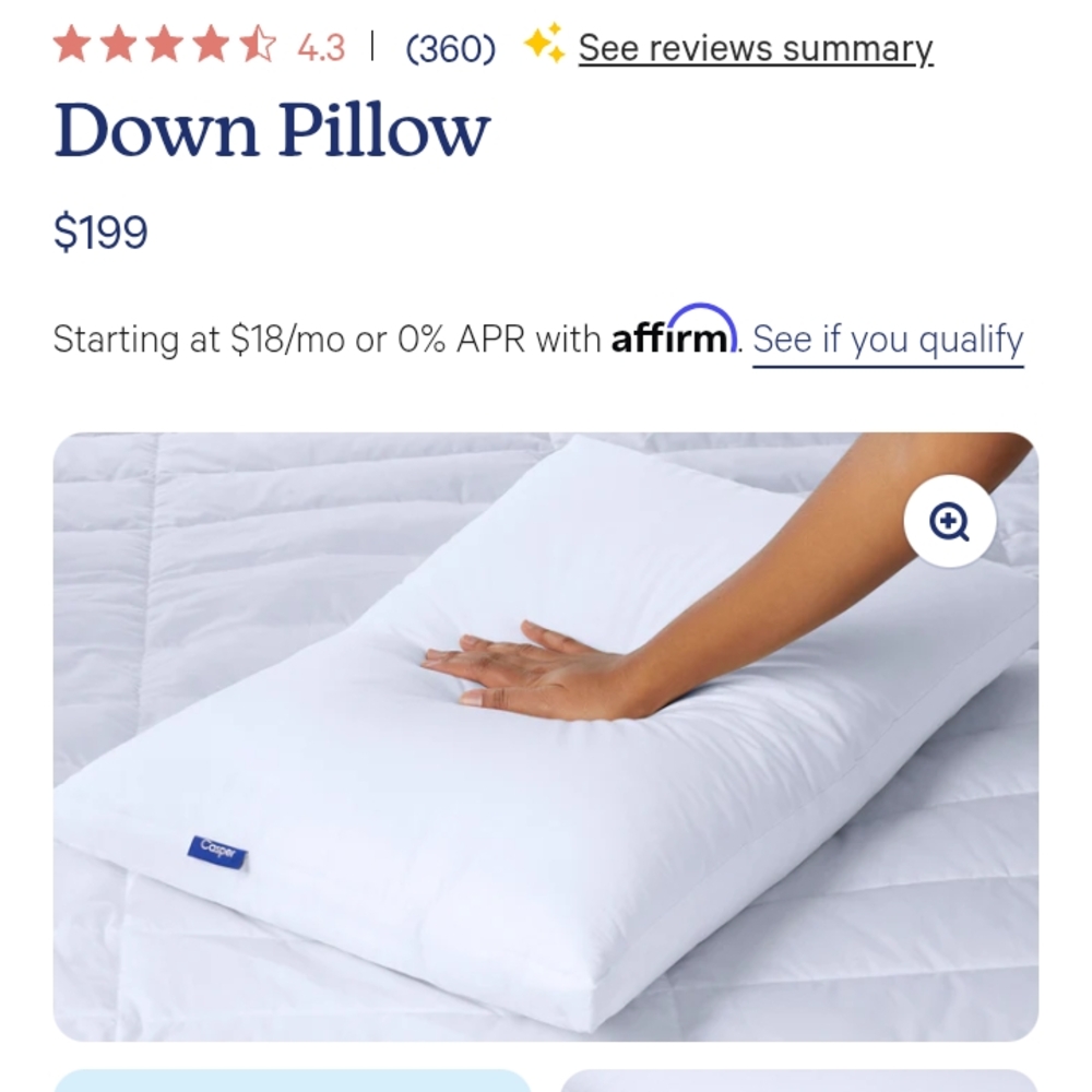 Luxurious Standard Size White Down Pillow by Casper